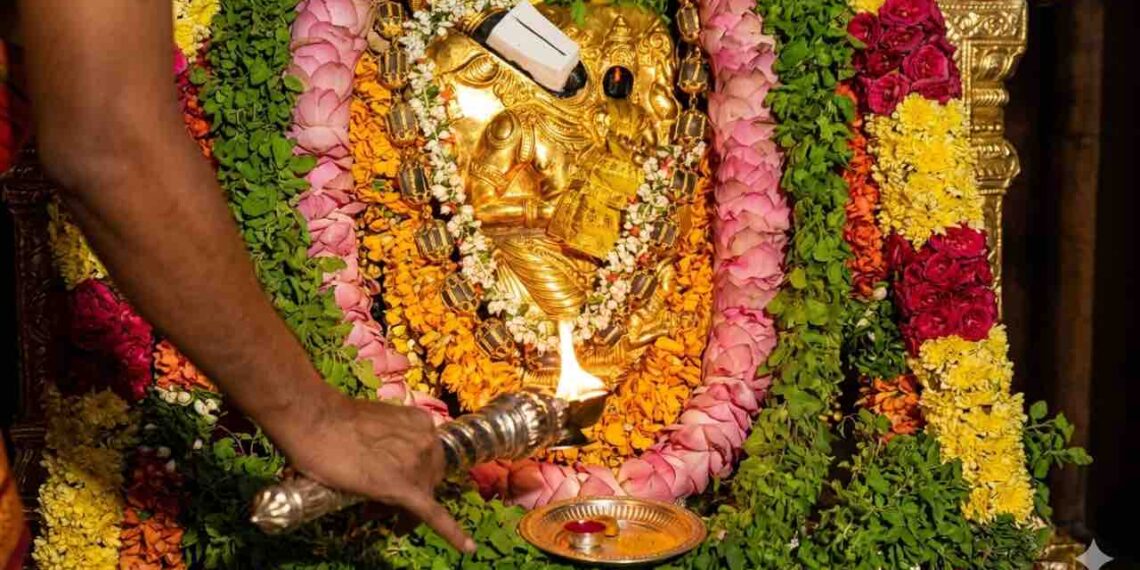 Close-up photograph of a golden idol of Lord Bhuvaraha, the boar-headed incarnation of Vishnu, at Tirumala Tirupati Bhuvaraha Temple. The idol is richly decorated with flower garlands. A priest performs arati with a multi-wick lamp, and a devotee offers prayers with a spoon, as traditional lamps burn in the background.