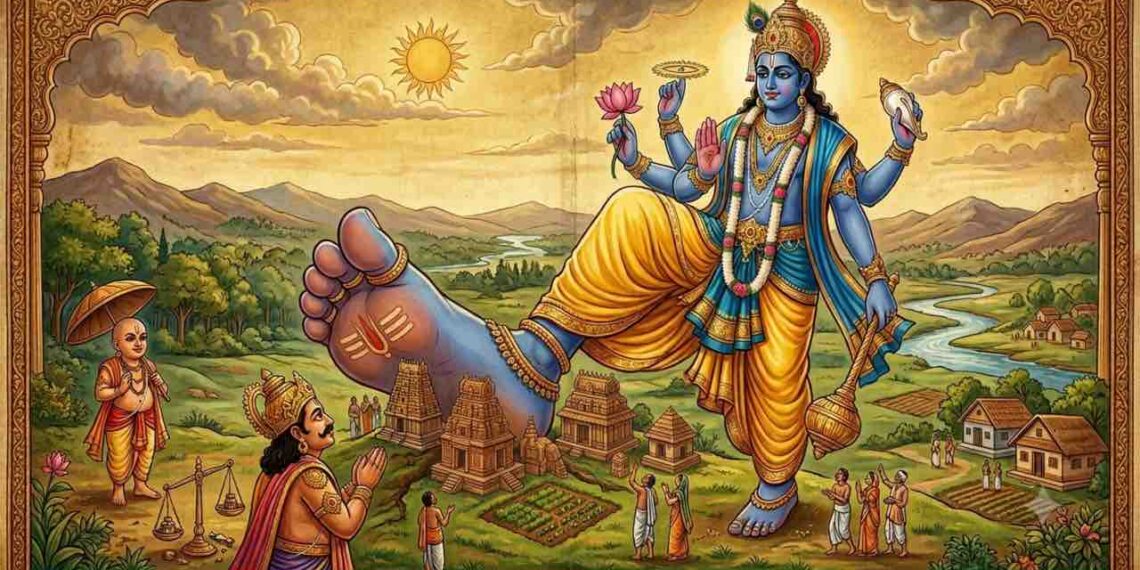Traditional painting showing a massive Lord Trivikrama measuring land with a giant step, symbolic for land disputes, while miniature King Bali kneels, Vamana watches, and villages are below.