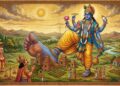 Traditional painting showing a massive Lord Trivikrama measuring land with a giant step, symbolic for land disputes, while miniature King Bali kneels, Vamana watches, and villages are below.