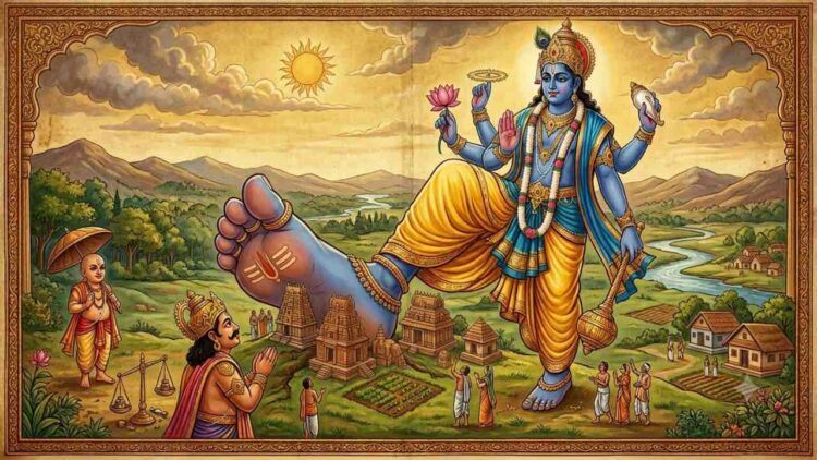 Traditional painting showing a massive Lord Trivikrama measuring land with a giant step, symbolic for land disputes, while miniature King Bali kneels, Vamana watches, and villages are below.