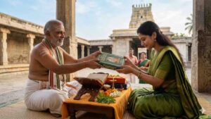 A woman in a traditional green saree donating the Shrimad Bhagavata Mahapurana book to a traditional Hindu scholar in a temple courtyard.