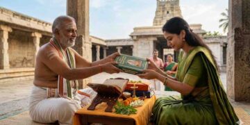 A woman in a traditional green saree donating the Shrimad Bhagavata Mahapurana book to a traditional Hindu scholar in a temple courtyard.