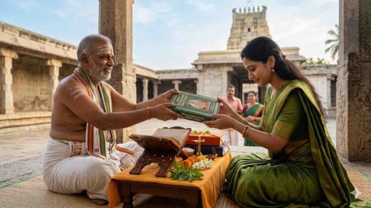 A woman in a traditional green saree donating the Shrimad Bhagavata Mahapurana book to a traditional Hindu scholar in a temple courtyard.