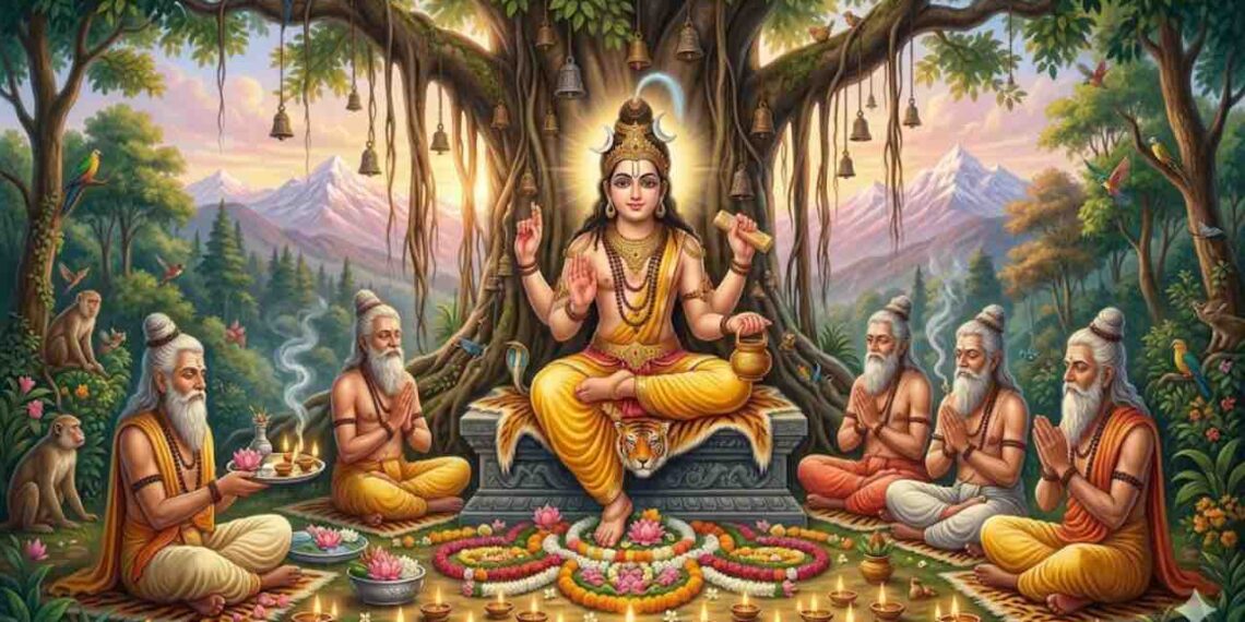 Detailed illustration of Shiva as Dakshinamurthy, seated on a tiger skin under a banyan tree with five sages, in a meditative setting with lamps and flower decorations and Himalayan mountains in the background.