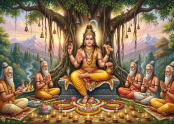 Detailed illustration of Shiva as Dakshinamurthy, seated on a tiger skin under a banyan tree with five sages, in a meditative setting with lamps and flower decorations and Himalayan mountains in the background.