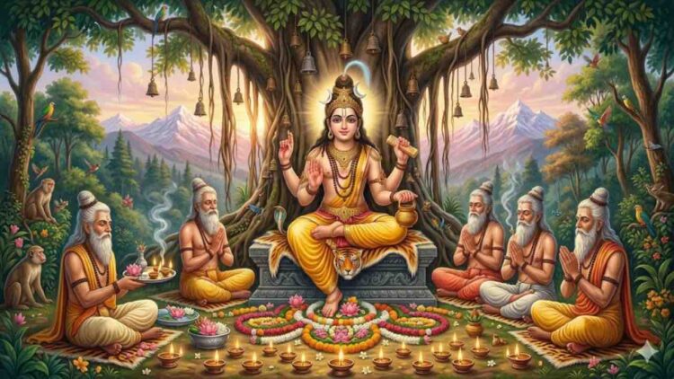 Detailed illustration of Shiva as Dakshinamurthy, seated on a tiger skin under a banyan tree with five sages, in a meditative setting with lamps and flower decorations and Himalayan mountains in the background.