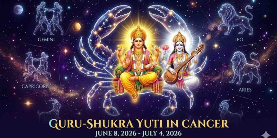 A celestial artwork depicting Jupiter (Guru) and Venus (Shukra) as deities seated together within a golden Cancer crab, with text detailing the date from June 8 to July 4, 2026, for the Guru-Shukra Yuti, surrounded by other zodiac signs in deep space.