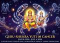 A celestial artwork depicting Jupiter (Guru) and Venus (Shukra) as deities seated together within a golden Cancer crab, with text detailing the date from June 8 to July 4, 2026, for the Guru-Shukra Yuti, surrounded by other zodiac signs in deep space.