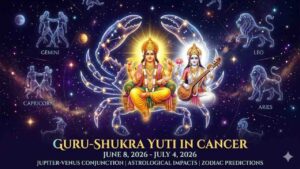 A celestial artwork depicting Jupiter (Guru) and Venus (Shukra) as deities seated together within a golden Cancer crab, with text detailing the date from June 8 to July 4, 2026, for the Guru-Shukra Yuti, surrounded by other zodiac signs in deep space.