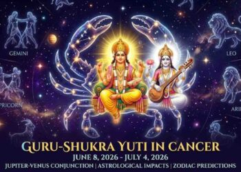 A celestial artwork depicting Jupiter (Guru) and Venus (Shukra) as deities seated together within a golden Cancer crab, with text detailing the date from June 8 to July 4, 2026, for the Guru-Shukra Yuti, surrounded by other zodiac signs in deep space.