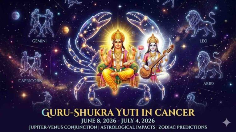 A celestial artwork depicting Jupiter (Guru) and Venus (Shukra) as deities seated together within a golden Cancer crab, with text detailing the date from June 8 to July 4, 2026, for the Guru-Shukra Yuti, surrounded by other zodiac signs in deep space.