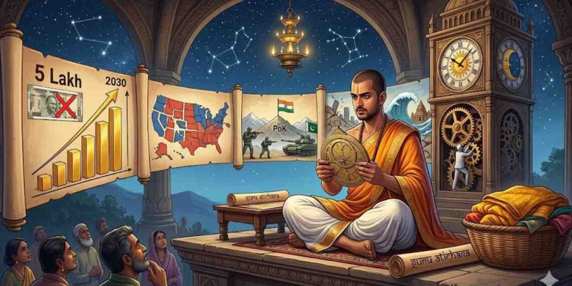 A photograph of an Indian scholar in saffron clothing, writing in a traditional palm leaf manuscript in a study filled with old books. A prominent wall clock with Kannada text is on the left.