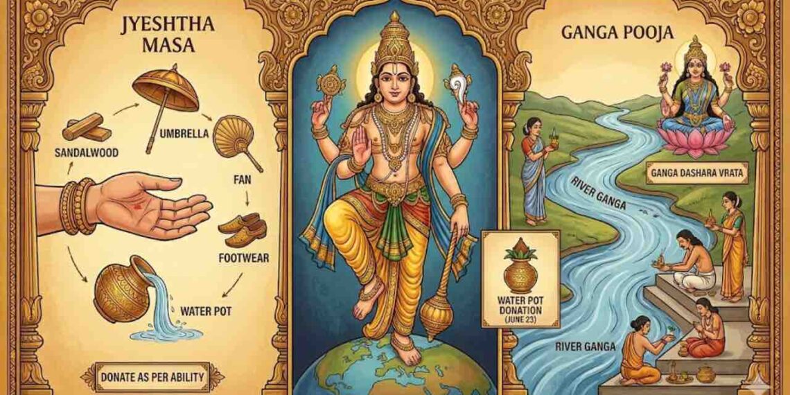 An infographic illustration of Jyeshtha Masa featuring Lord Trivikrama standing on a globe in the center, traditional donation items like sandalwood, umbrella, and water pot on the left, and devotees performing Ganga Pooja by the river on the right.
