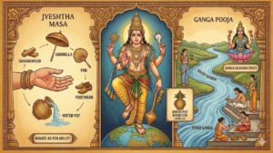 An infographic illustration of Jyeshtha Masa featuring Lord Trivikrama standing on a globe in the center, traditional donation items like sandalwood, umbrella, and water pot on the left, and devotees performing Ganga Pooja by the river on the right.