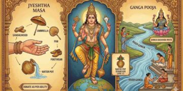An infographic illustration of Jyeshtha Masa featuring Lord Trivikrama standing on a globe in the center, traditional donation items like sandalwood, umbrella, and water pot on the left, and devotees performing Ganga Pooja by the river on the right.