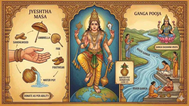 An infographic illustration of Jyeshtha Masa featuring Lord Trivikrama standing on a globe in the center, traditional donation items like sandalwood, umbrella, and water pot on the left, and devotees performing Ganga Pooja by the river on the right.