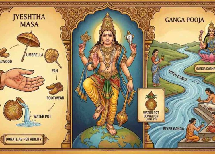 An infographic illustration of Jyeshtha Masa featuring Lord Trivikrama standing on a globe in the center, traditional donation items like sandalwood, umbrella, and water pot on the left, and devotees performing Ganga Pooja by the river on the right.
