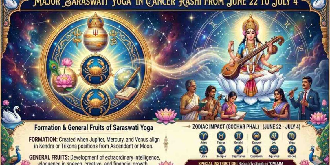 An astrological infographic showing Goddess Saraswati on a lotus with a veena, alongside the zodiac charts for Jupiter, Venus, and Mercury alignment in Cancer (Karkataka Rashi) for Saraswati Yoga 2026.