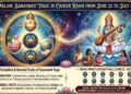 An astrological infographic showing Goddess Saraswati on a lotus with a veena, alongside the zodiac charts for Jupiter, Venus, and Mercury alignment in Cancer (Karkataka Rashi) for Saraswati Yoga 2026.
