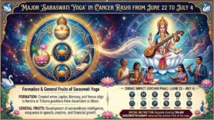 An astrological infographic showing Goddess Saraswati on a lotus with a veena, alongside the zodiac charts for Jupiter, Venus, and Mercury alignment in Cancer (Karkataka Rashi) for Saraswati Yoga 2026.