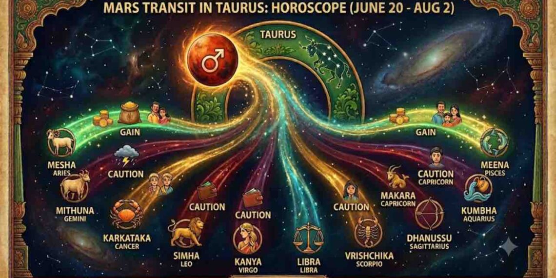 Astrology chart showing Mars transit in Taurus from June 20 to August 2, featuring the 12 zodiac signs with predictions like Gain and Caution.