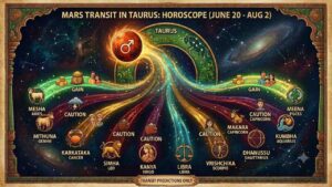 Astrology chart showing Mars transit in Taurus from June 20 to August 2, featuring the 12 zodiac signs with predictions like Gain and Caution.
