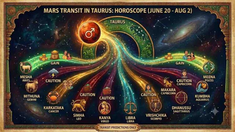 Astrology chart showing Mars transit in Taurus from June 20 to August 2, featuring the 12 zodiac signs with predictions like Gain and Caution.