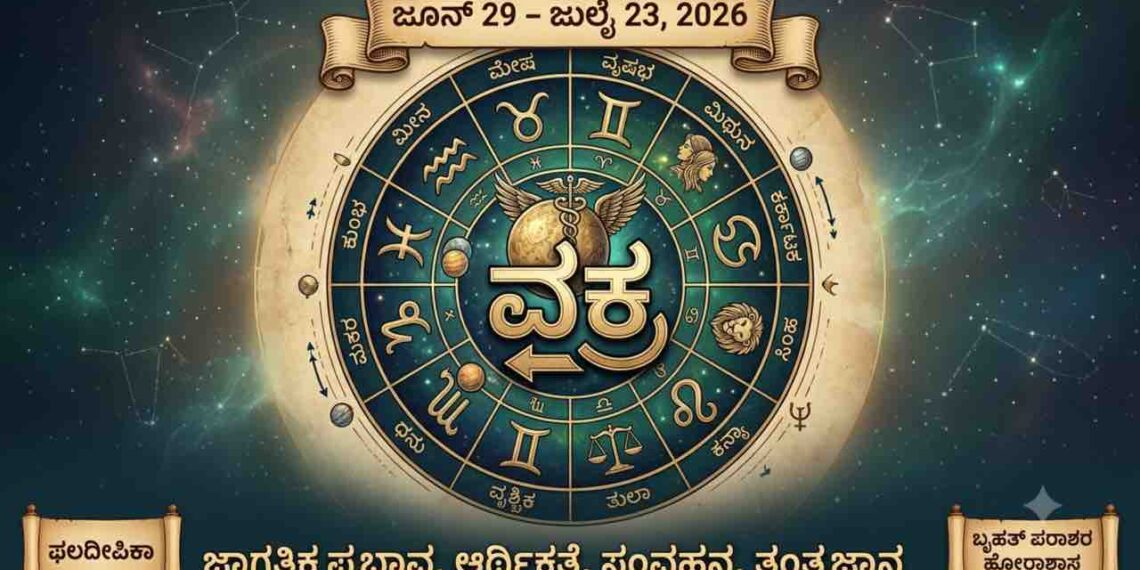 An astrological chart displaying Mercury in retrograde in Gemini during 2026, with Kannada text and zodiac symbols.