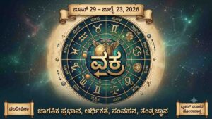 An astrological chart displaying Mercury in retrograde in Gemini during 2026, with Kannada text and zodiac symbols.