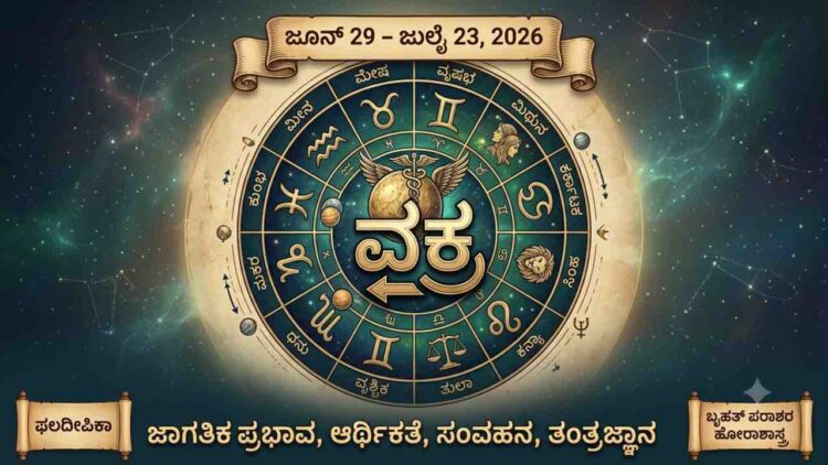 An astrological chart displaying Mercury in retrograde in Gemini during 2026, with Kannada text and zodiac symbols.