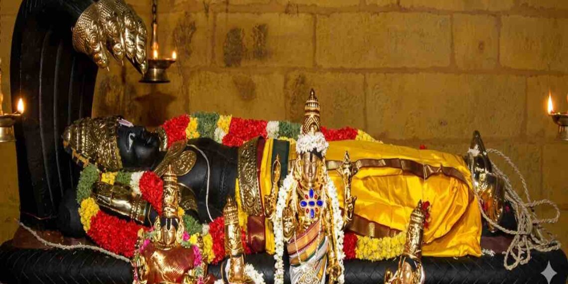 A detailed view of the reclining idol of Lord Parimala Ranganathar resting on the serpent Adi Shesha.