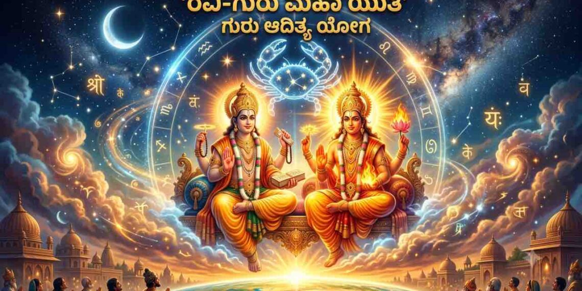 An intricate AI-generated illustration depicting the astrological conjunction of the Sun God (Ravi) and Jupiter God (Guru) in the Karkataka (Cancer) zodiac sign, set in a divine celestial landscape with Kannada text.