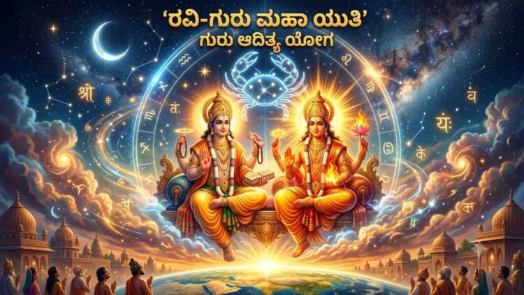 An intricate AI-generated illustration depicting the astrological conjunction of the Sun God (Ravi) and Jupiter God (Guru) in the Karkataka (Cancer) zodiac sign, set in a divine celestial landscape with Kannada text.