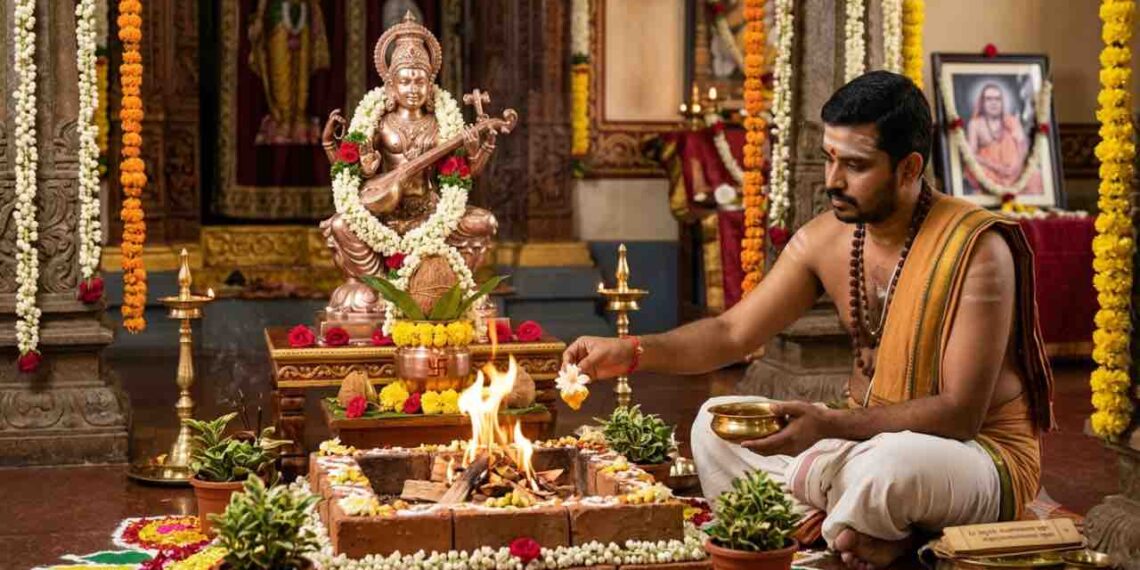 Hindu groom performing Gandharvaraja Homa with sacred fire and white flowers dipped in honey for early marriage.