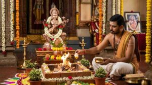Hindu groom performing Gandharvaraja Homa with sacred fire and white flowers dipped in honey for early marriage.