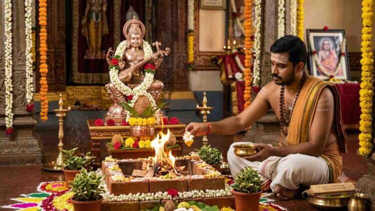 Hindu groom performing Gandharvaraja Homa with sacred fire and white flowers dipped in honey for early marriage.