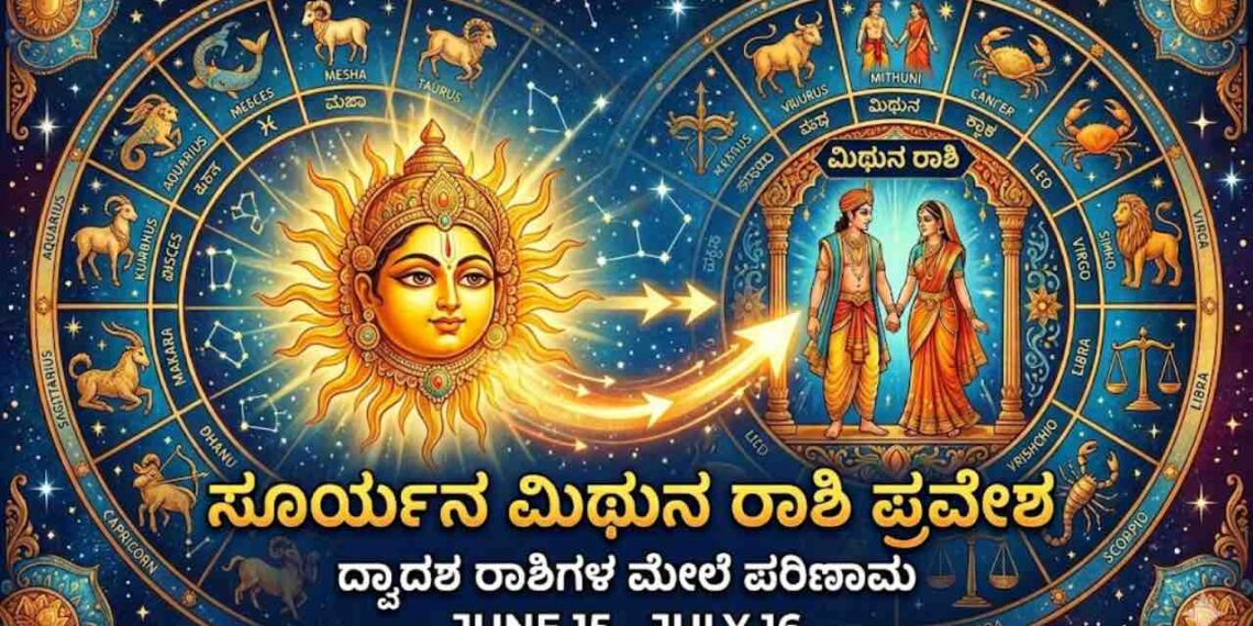 Sun transit in Gemini Mithuna Rashi Bhavishya 2026 showing sun god and zodiac signs.