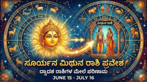 Sun transit in Gemini Mithuna Rashi Bhavishya 2026 showing sun god and zodiac signs.