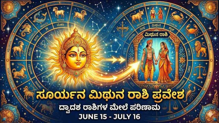 Sun transit in Gemini Mithuna Rashi Bhavishya 2026 showing sun god and zodiac signs.