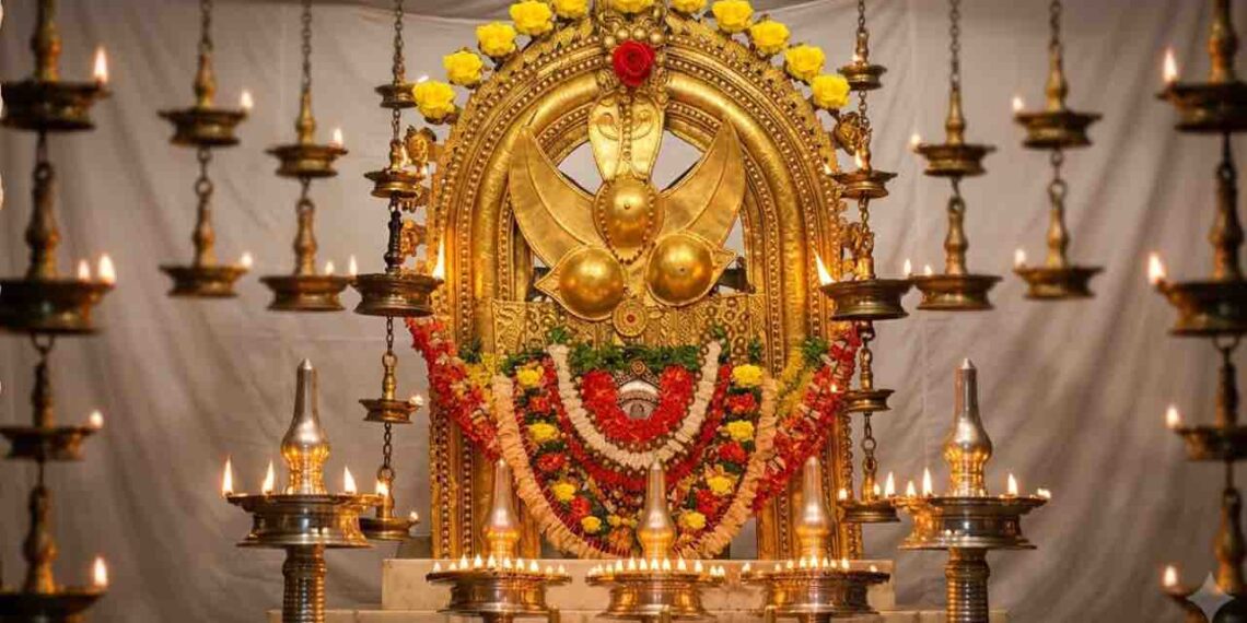A high-definition photograph of the main deity (Thidambu) of the Taliparamba Rajarajeswara Temple, intricately decorated with gold ornaments, yellow roses, and red garlands. The deity is surrounded by numerous traditional oil lamps and set against a white background.