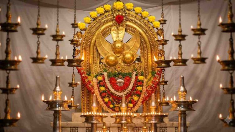 A high-definition photograph of the main deity (Thidambu) of the Taliparamba Rajarajeswara Temple, intricately decorated with gold ornaments, yellow roses, and red garlands. The deity is surrounded by numerous traditional oil lamps and set against a white background.