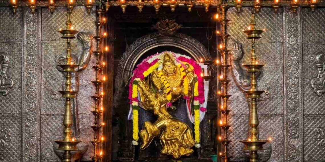Golden idol of Lord Sarabeswarar crushing Narasimha's anger inside the sanctum sanctorum of Tribhuvanam temple, Kumbakonam.