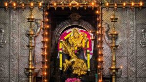 Golden idol of Lord Sarabeswarar crushing Narasimha's anger inside the sanctum sanctorum of Tribhuvanam temple, Kumbakonam.