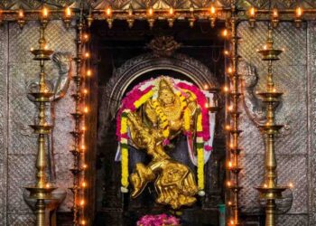 Golden idol of Lord Sarabeswarar crushing Narasimha's anger inside the sanctum sanctorum of Tribhuvanam temple, Kumbakonam.