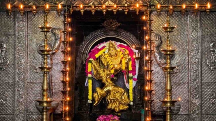 Golden idol of Lord Sarabeswarar crushing Narasimha's anger inside the sanctum sanctorum of Tribhuvanam temple, Kumbakonam.
