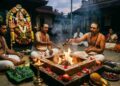 A realistic image of a Varahi Homam (sacrificial fire ritual) being performed. Priests are seated around a square fire pit (Homa Kunda), offering materials into the flames. In the background, there is a decorated idol of Goddess Varahi (with a boar face) and devotees seated. Various ritual items like coconuts, pomegranates, and dried red chilies are visible in the foreground.