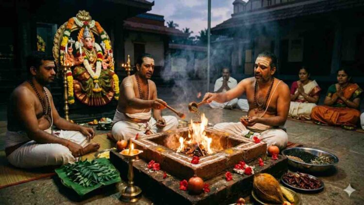A realistic image of a Varahi Homam (sacrificial fire ritual) being performed. Priests are seated around a square fire pit (Homa Kunda), offering materials into the flames. In the background, there is a decorated idol of Goddess Varahi (with a boar face) and devotees seated. Various ritual items like coconuts, pomegranates, and dried red chilies are visible in the foreground.