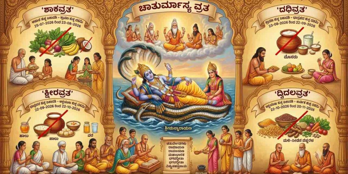 An infographic illustrating Chaturmasya Vrata 2026 showing Lord Vishnu resting on Adishesha, along with the four vrata phases (Shaka, Dadhi, Ksheera, Dvidala), forbidden foods, and spiritual activities in Kannada.