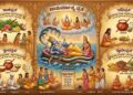 An infographic illustrating Chaturmasya Vrata 2026 showing Lord Vishnu resting on Adishesha, along with the four vrata phases (Shaka, Dadhi, Ksheera, Dvidala), forbidden foods, and spiritual activities in Kannada.