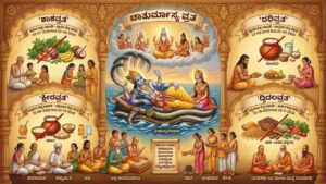 An infographic illustrating Chaturmasya Vrata 2026 showing Lord Vishnu resting on Adishesha, along with the four vrata phases (Shaka, Dadhi, Ksheera, Dvidala), forbidden foods, and spiritual activities in Kannada.